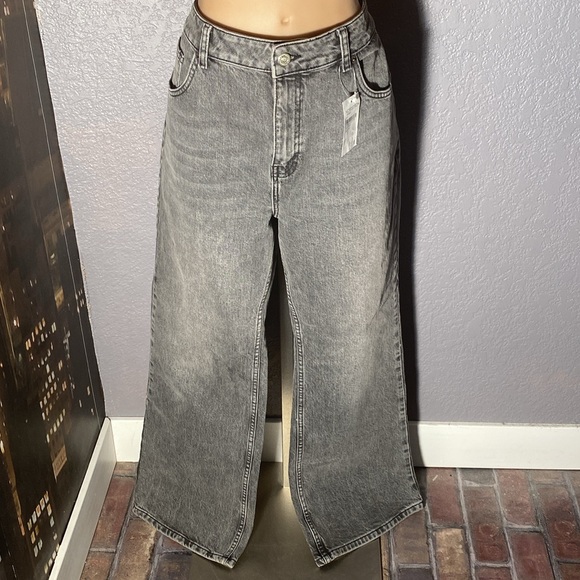 TOPSHOP - NWT - jeans: grey denim wash flared button / zip, belts hoops - 34/30 - Picture 2 of 16